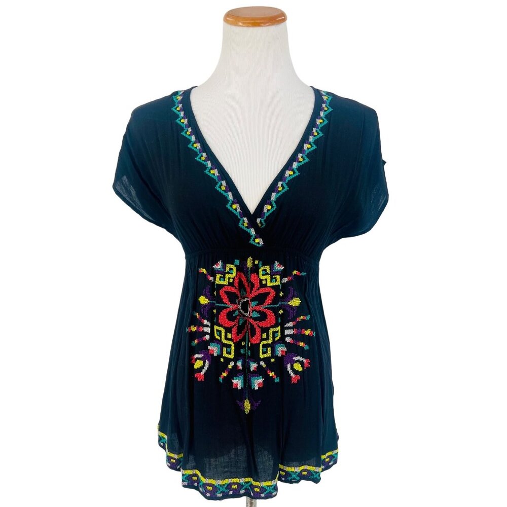 Vintage Forever 21 Plunging V-Neck  Embroidered Boho Babydoll Top